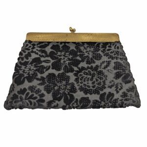 Vintage Floral Jacquard Black Velvet Burnout and Brass Clutch